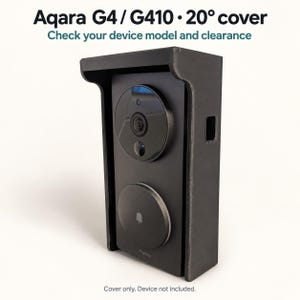May include: A black 20-degree angled cover for an Aqara G4 or G410 video doorbell. The text at the top reads Aqara G4 / G410 20-degree cover and Check your device model and clearance. The bottom text reads Cover only. Device not included.