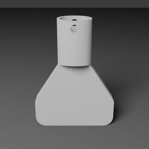 Könnte beinhalten: Ein hellgraues, abstraktes Objekt mit einem zylindrischen Oberteil und einer trapezförmigen Basis. Die Oberseite hat zwei kleine Löcher. Das Objekt steht vor einem dunkelgrauen Hintergrund und erzeugt eine minimalistische Ästhetik.