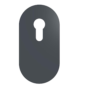 May include: A dark grey, oval metal plate featuring a keyhole-shaped cutout in the centre. The plate has rounded edges and a smooth surface, designed for hanging items. The keyhole is white.
