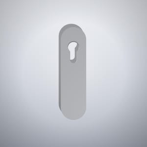Może przedstawiać: Pionowa, prostokątna metalowa szyldowa płytka drzwiowa o gładkim, matowym szarym wykończeniu. Płytka posiada pojedynczy, wyśrodkowany otwór na klucz w górnej części, przeznaczony do wkładki bębenkowej, z zaokrąglonymi krawędziami na końcach.