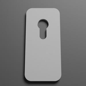 May include: A light grey door hanger with a keyhole cut-out. The rectangular shape has rounded corners. The background is a solid grey.