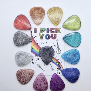 Kleurrijke holografische plectrums, set van 3, plectrums ukelele, plectrums, gitaarliefhebber cadeaus met kaart, Valentijnsdagcadeaus, symbolische cadeaus