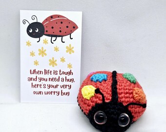 May include: A handmade crochet ladybug with large googly eyes and colorful spots. A card next to it reads "When life is tough and you need a hug, here's your very own worry bug."