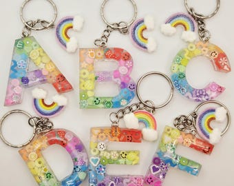 Rainbow Resin Letter Keyring, Personalised Initial Keychain, Glitter School Bag charms, Purse Charms, Personalised Gift, Pride Keychain