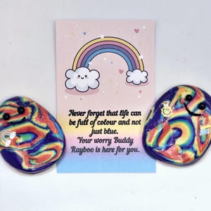 Regenbogen Sorgen Stein, handgemachte Sorgen Begleiter, Daumenstein, Fidget Sorgen Steine, Positivität Zitat Karte, Ermutigung Karte, Angst Relief