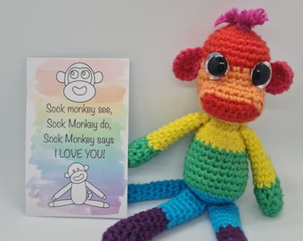 Rainbow Sock Monkey Worry Buddy, Crochet Pet Monkey, Girlfriend Gifts, Encouragement Card, Cute Reminder Gift Card For Him, I Love You Card