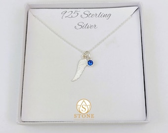 Sterling Silver Angel Wing Charm and birthstone necklace, Sterling silver, gifts for her, family necklace, Personalised Necklace