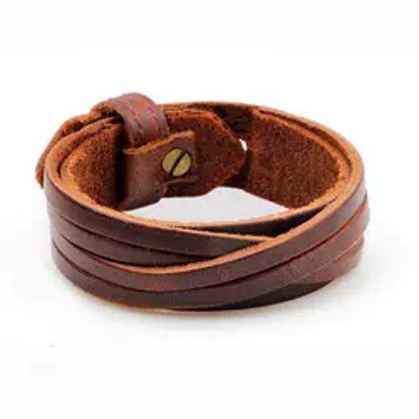 Vintage Leather Cuff Wrap Bracelet in black or Brown Men or Woman's Bracelet Steel Stud fastener