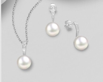 925 Sterling Silver Pearl Jewelry set, Peal Earrings, Pearl Pendant, Freshwater Perl sterling silver and CZ simulated Diamond Set