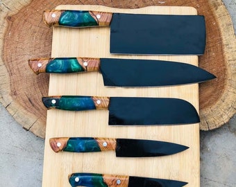 Hand Forged Damascus Steel Chef Set of 5 Knives Kitchen knife Set for Mothers Day Gift for her Chef knife Gift for Him