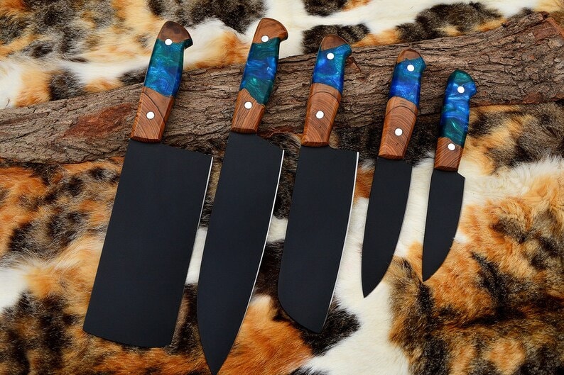 Hand Forged Damascus Steel Chef Set of 5 Knives Kitchen knife Set for Mothers Day Gift for her Chef knife Gift for Him image 5