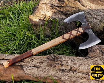 Custom Handmade Carbon Steel Axe for Medieval Battle Large Double Headed Axe with ASH Wood Handle Decorative Battle Axe with Leather Sheath