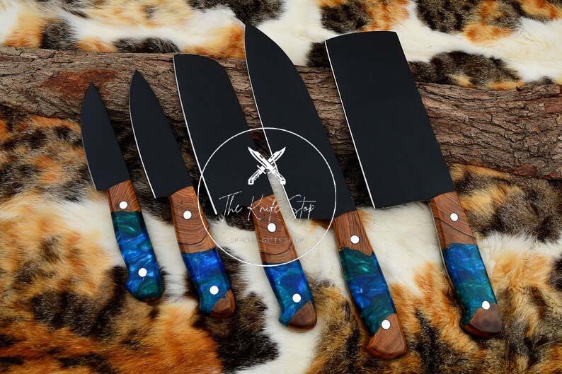 Hand Forged Damascus Steel Chef Set of 5 Knives Kitchen knife Set for Mothers Day Gift for her Chef knife Gift for Him image 2