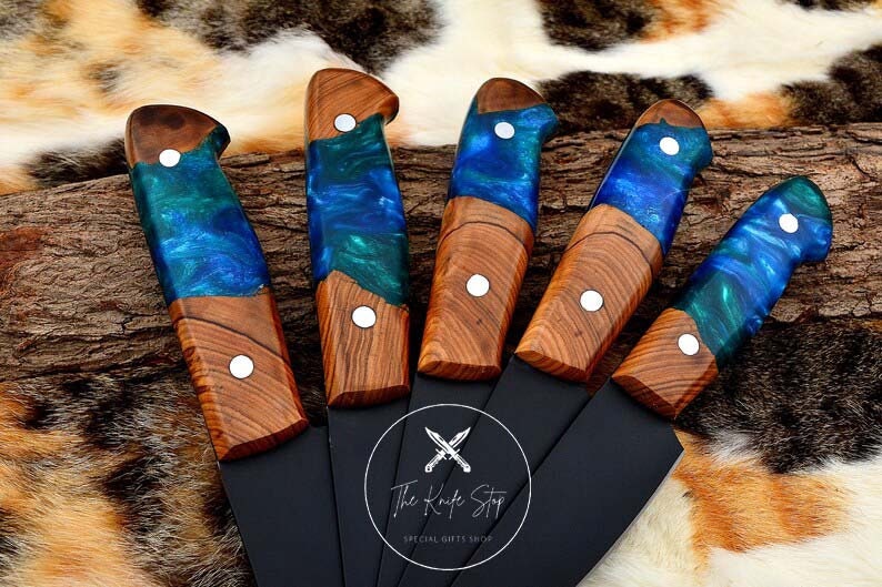 Hand Forged Damascus Steel Chef Set of 5 Knives Kitchen knife Set for Mothers Day Gift for her Chef knife Gift for Him image 4