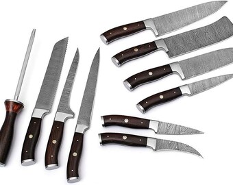 Personalized Chef Set for Anniversary Gift | Handmade Damascus Steel Kitchen Knives | Custom Birthday Knife Set for Him or Her | 10 Pcs Set