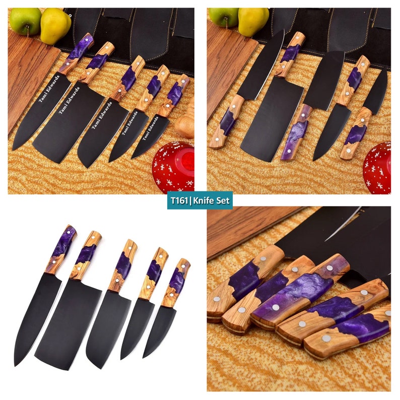 Hand Forged Damascus Steel Chef Set of 5 Knives Kitchen knife Set for Mothers Day Gift for her Chef knife Gift for Him 5pcs purple set