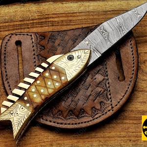 Handmade Fish Pocket Knife Damascus Folding Knife Bone Handle Special Gift for Any Occasion Personalized Gift USA Anniversary Gift for him