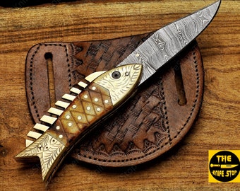 Damascus Pocket Folding Knife, Fish Pocket Knife, Custom Pocket Fold Knife, Groomsmen knife gift, Wedding Gift for him
