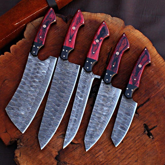 Personalized Damascus Chef Set of 5 Knives Kitchen knife set| Gift for her | Gift for Him| Easter Gifts| Anniversary Gifts| gift For Mom