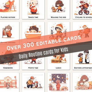Image depicting daily routine cards for kids, featuring over 300 editable cards. Includes toddler and preschool routines, chore charts, and visual schedules.