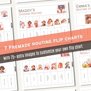 Image depicting daily routine cards for kids, featuring over 300 editable cards. Includes toddler and preschool routines, chore charts, and visual schedules.