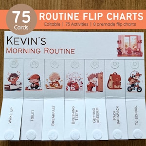 Tableau à feuilles mobiles Cartes de routine quotidienne pour enfants Rythme pour tout-petits Matin Soir Liste de contrôle visuelle de l'horaire Préscolaire Montessori Toile MODIFIABLE image 1