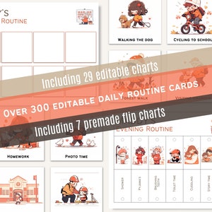 Image depicting daily routine cards for kids, featuring over 300 editable cards. Includes toddler and preschool routines, chore charts, and visual schedules.