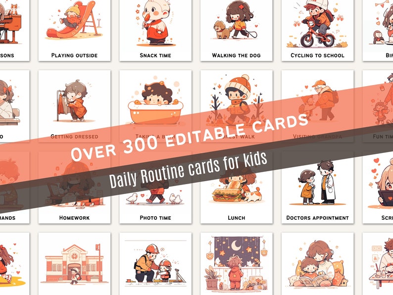 Image depicting daily routine cards for kids, featuring over 300 editable cards. Includes toddler and preschool routines, chore charts, and visual schedules.