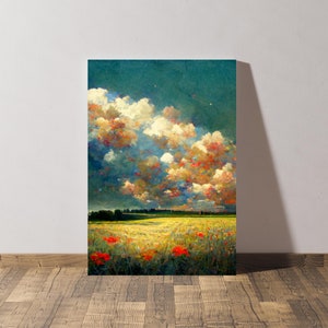 Puede incluir: Una pintura de un campo de flores silvestres amarillas con amapolas rojas en primer plano. El cielo es de un azul vibrante con grandes nubes blancas y esponjosas.