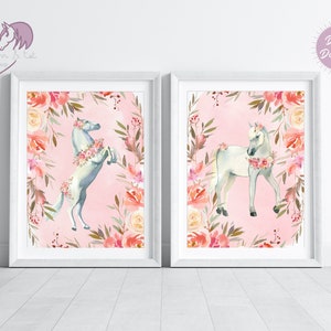 Conjunto de 2 impressões artísticas de flores rosa e cavalos brancos, decoração de berçário de meninas, download digital para quarto infantil para impressão, impressões florais de parede equestre