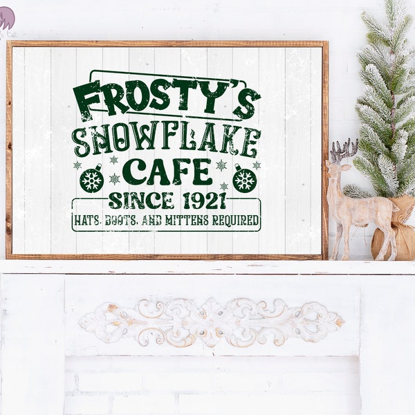 Two Vintage Farmhouse Inspired Christmas Sign Wall Art Prints, Frosty's Snowflake Cafe & Jack Frost's Snow Cones, Printable Holiday Wall Art
