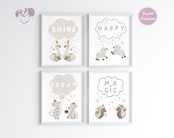 Magical Animal Friends Art Print Set of 4, Printable Nursery Wall Art, Stars and Flowers Decor, Siblings or Twins Digital Download, Playroom