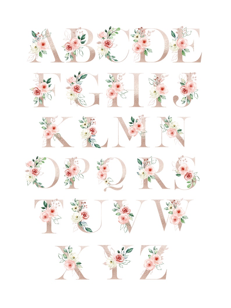 Blush Floral Monogram Art Print Set of 3, Printable Personalized Name ...