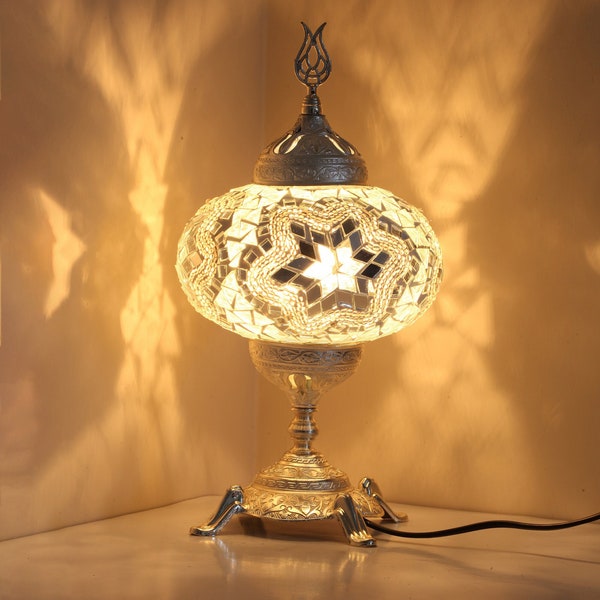 Bedside Silver Mosaic Lamp For Bedroom, Mosaic Lampshade, Mosaic Turkish Moroccan Table Lamp