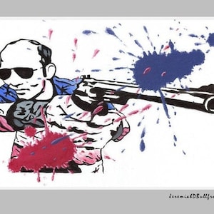 May include: Illustration of a person wearing sunglasses, aiming a handgun. The image features blue and red paint splatters, suggesting a shooting scene. The artwork is on a white background.