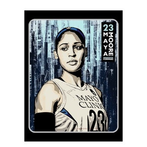 May include: Illustration of Maya Moore in a basketball jersey with the number 23. The jersey has the words "Mayo Clinic" on it. The image has a blue and white color scheme with the words "23 Maya Moore Minnesota Forward" on the right side.