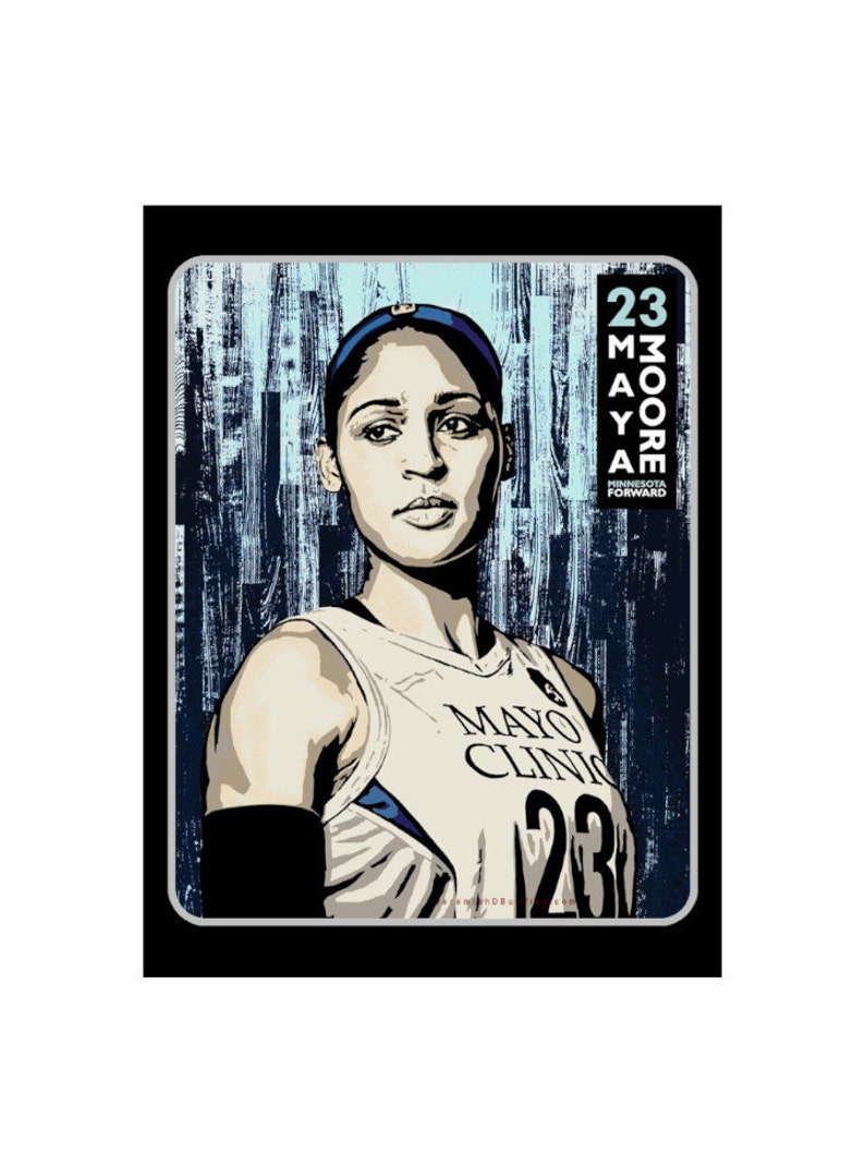 May include: Illustration of Maya Moore in a basketball jersey with the number 23. The jersey has the words "Mayo Clinic" on it. The image has a blue and white color scheme with the words "23 Maya Moore Minnesota Forward" on the right side.