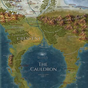 May include: A detailed fantasy map with a compass rose, featuring mountain ranges, forests, and coastal regions. The map includes names like 'The Cauldron' and 'Crescent', with a nautical theme.