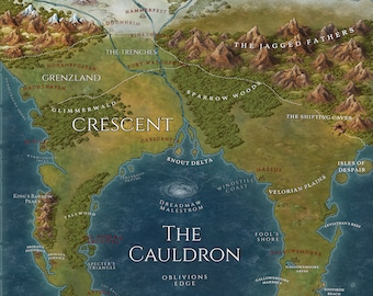 Könnte beinhalten: Eine detaillierte Fantasy-Karte mit einer Windrose, die Bergketten, Wälder und Küstenregionen zeigt. Die Karte enthält Namen wie 'The Cauldron' und 'Crescent', mit nautischem Thema.