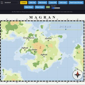 May include: A digital map interface titled MAGRAN featuring a landmass with labeled cities Greenshaven, Alisonia, Sindus, and two locations named Jeffords. The map includes a compass rose, grid lines, and a top toolbar with editing tools.