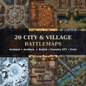 May include: A digital collection of 20 city and village battlemaps for tabletop roleplaying games. The image displays a grid of nine map segments featuring town squares, taverns, castle gates, snowy landscapes, and shops with text overlay.