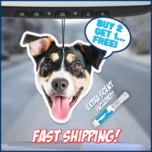 May include: A car air freshener shaped like a smiling dog with a pink tongue, black and tan fur, and a white background. A speech bubble says "BUY 2 GET 1... FREE!". Includes a small tube of "Sweny Smellies" scent.