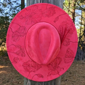 California Poppy Hat, Flower Burned Wide Brim Hat, Faux Suede Flat Brim, Boho Western Accessory, Flower Lover Gift, Gift For Gardening Woman