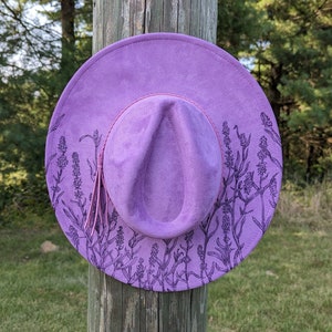 Lavender Fedora, Wood Burned Hat, Wide Brim Fedora, Floral Cowgirl Hat, Boho Gift, Wildflower Gift, Cottagecore Gift, For Women, For Her