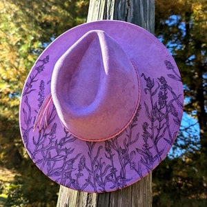 Lavender Cowboy Hat, Vegan Suede Wide Brim Hat, Floral Cowgirl Hat, Wildflower Gift, Cottagecore Gift, Flower Lover Gift, For Women, For Her