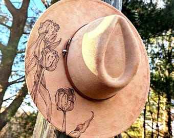 Tulip Hat, Floral Burned Hat, Wide Brim Fedora Hat Women, Gift For Florist, Gift For Flower Lovers, Birthday Gift For Mom Who Has Everything