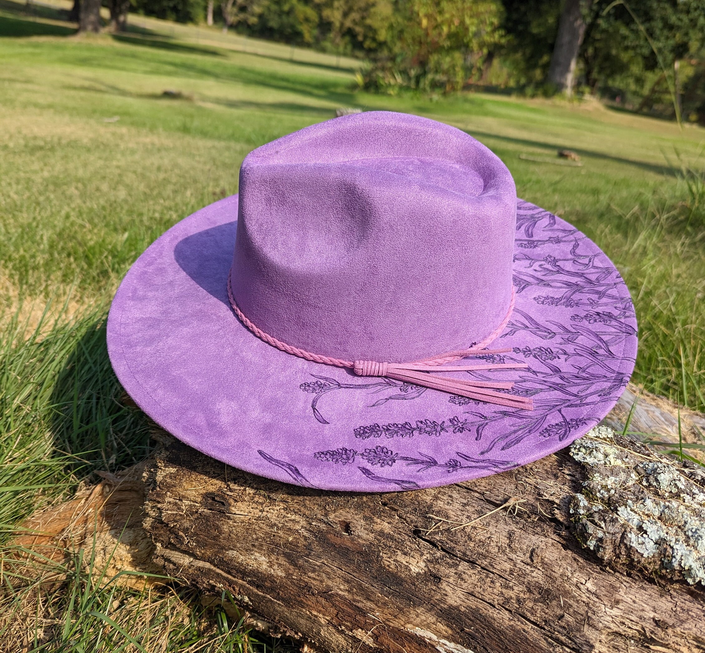 Lavender Fedora, Hand Burned Flower Cowboy Hat, Faux Suede  display picture 1