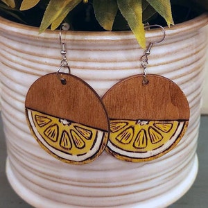 Lemon Slice Earrings, Lime Slice Earrings, Wooden Circle Earring, Pyrography Wood Burnt Jewelry, Kitschy Gift For Her, Birthday Gift For Her