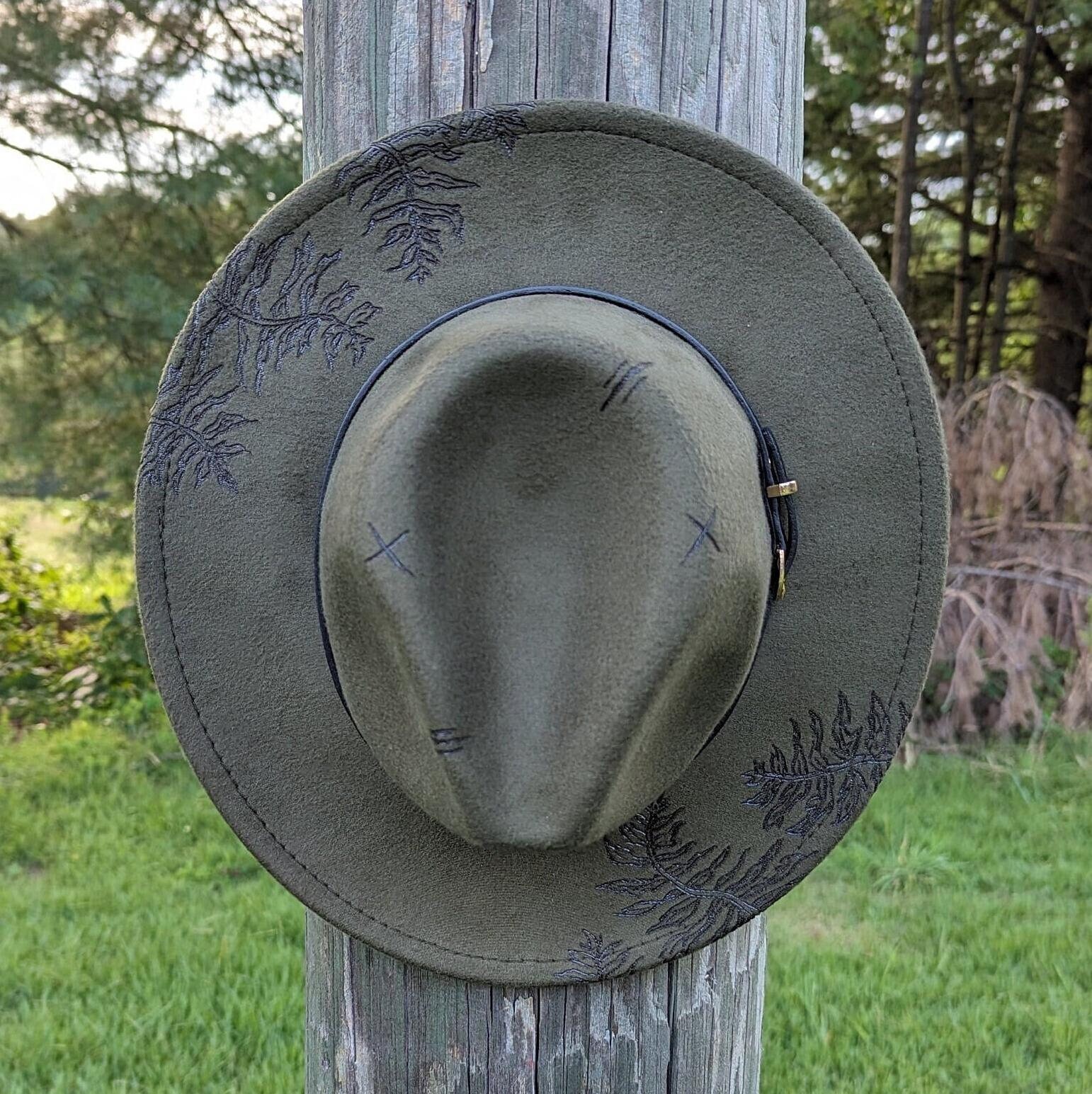 Fern Cowgirl Hat, Hand Burned Fedora, Faux Felt Boho Hat, Plant Lover Accessories, Distressed Adventure Ladies Hat, Nature Inspired Clothes