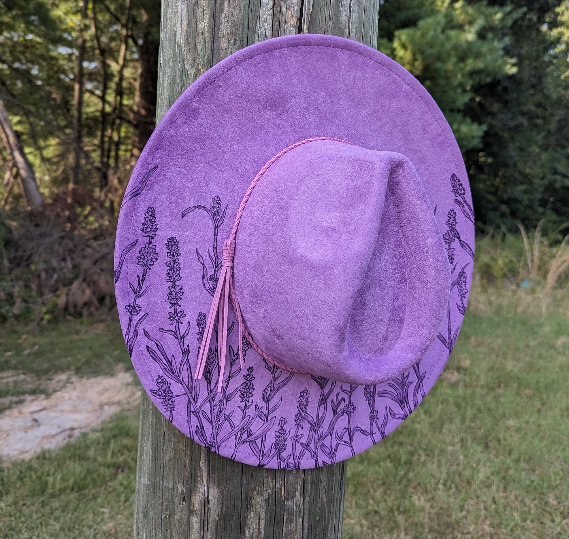 Corrals Designs Hats Lavender Wide-Brim Fedora Hand Burned with Flowers Full Custom Freehand Burnt Design Fedora Hats – Indiginize  main image 4